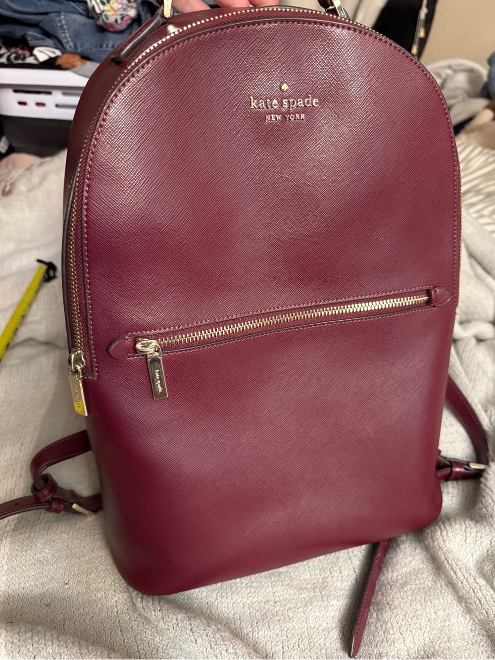 kate spade Burgundy Saffiano Leather Backpack with Gold Hardware
